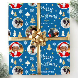 Frohe Weihnachtsfeier Bäume Foto Name Blau Geschenkpapier