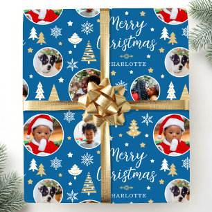 Frohe Weihnachtsfeier Bäume Foto Name Blau Geschenkpapier