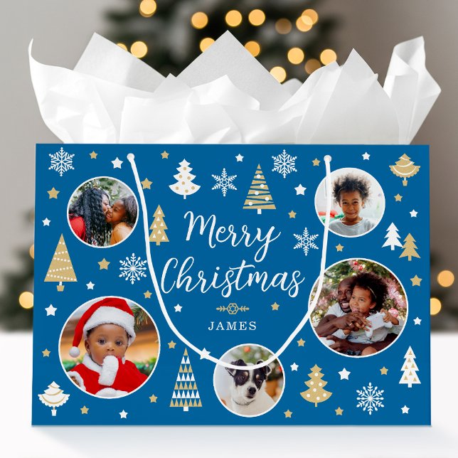 Frohe Weihnachtsfeier Bäume Foto Name Blau Große Geschenktüte (Von Creator hochgeladen)