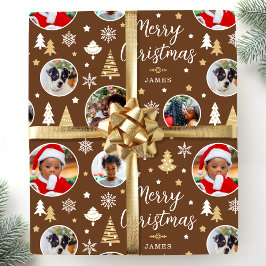 Frohe Weihnachtsfeier Bäume Foto Name Brown Geschenkpapier