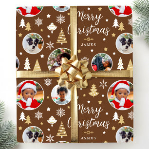Frohe Weihnachtsfeier Bäume Foto Name Brown Geschenkpapier