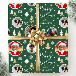 Frohe Weihnachtsfeier Bäume Foto Name Grün Geschenkpapier
