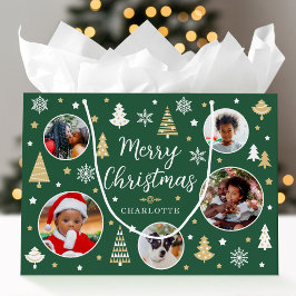 Frohe Weihnachtsfeier Bäume Foto Name Grün Große Geschenktüte