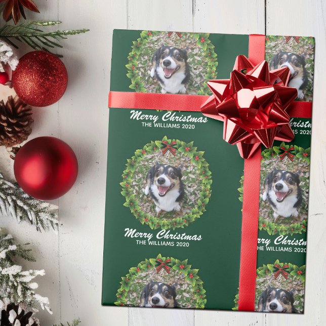 Frohe Weihnachtsfeier Custom Dog Foto Green Geschenkpapier (Von Creator hochgeladen)