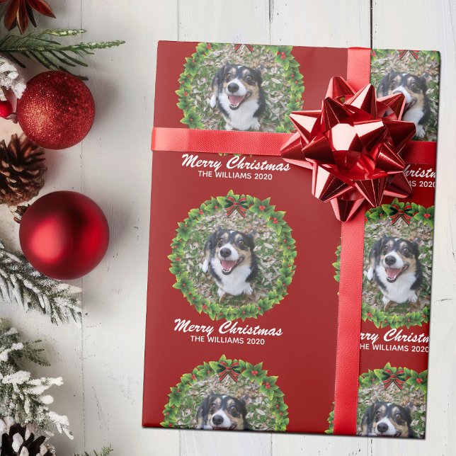 Frohe Weihnachtsfeier Custom Dog Foto Red Geschenkpapier (Von Creator hochgeladen)