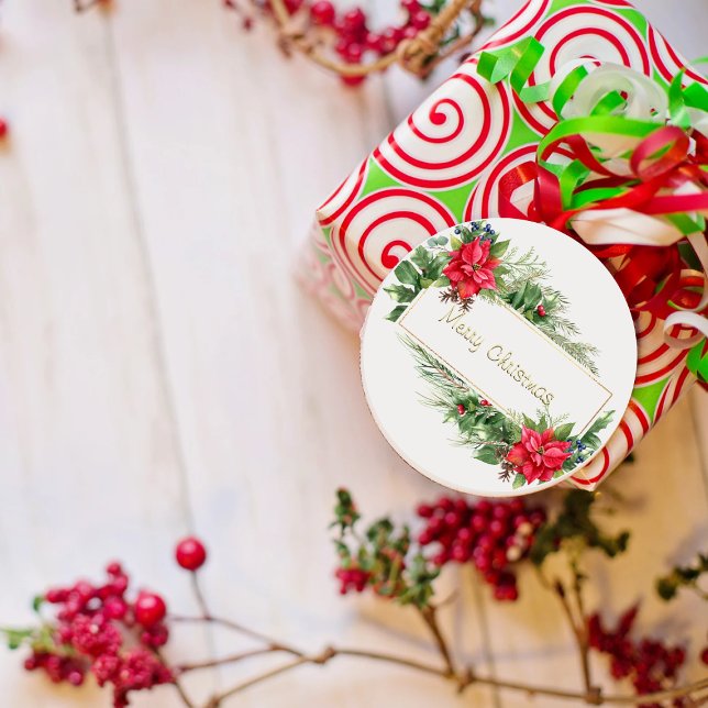 Frohe Weihnachtsfeier Gerahmter Winter Roter Gruß Runder Aufkleber (Von Creator hochgeladen)