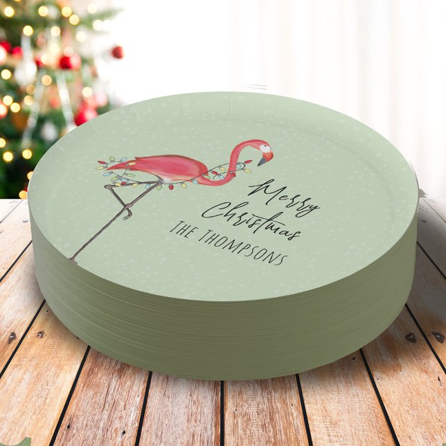 Frohe Weihnachtsfeier Lights Pink Flamingo Pappteller (Simple Merry Christmas cute pink flamingo calligraphy script paper plate)