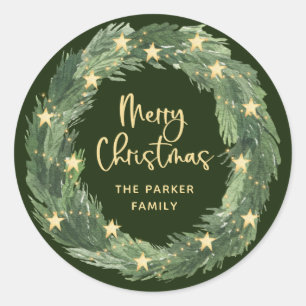 Frohe Weihnachtsfeier mit Gold Stars auf Green Runder Aufkleber
