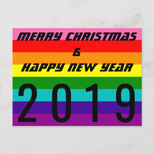 Frohe Weihnachtsfeier Neujahr 2019 Regenbogenflagg Feiertagspostkarte (Vorderseite)