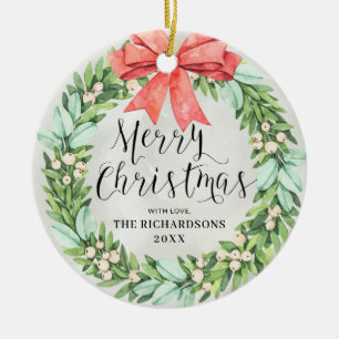 Frohe Weihnachtsfeier Red Bow Familienname Elegant Keramik Ornament
