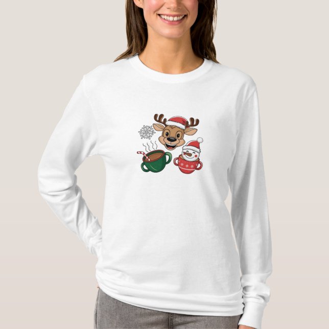 Frohe Weihnachtsfeier Rentier & Snowman Hot Cocoa  T-Shirt (Vorderseite)
