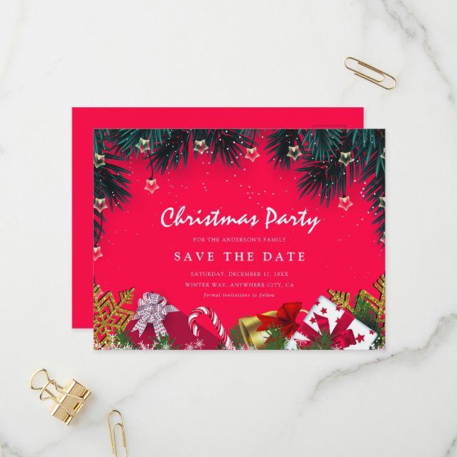 Frohe Weihnachtsfeier Save the Date Einladungspostkarte (Vorderseite/Rückseite Beispiel)