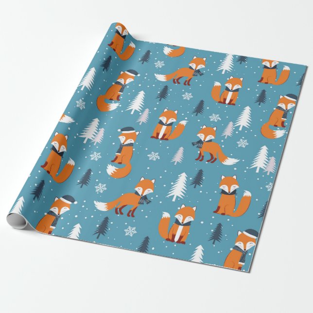 Frohe Weihnachtsfeier Tree Snow Fox White Blue Geschenkpapier (Ungerollt)