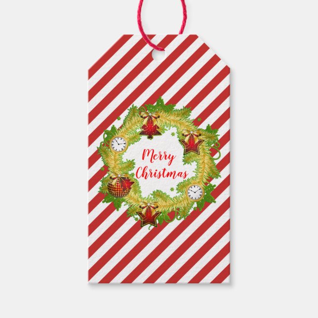 Frohe Weihnachtsfeier und Streifen Geschenkanhänger (Vorderseite)