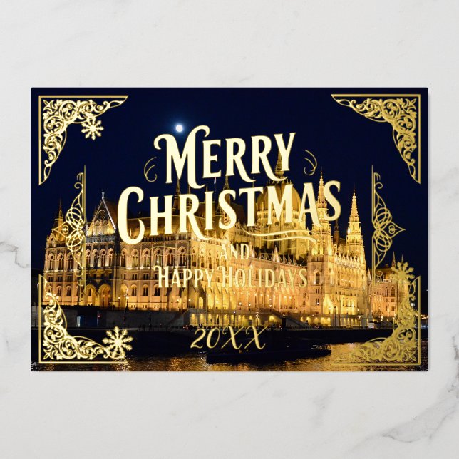 Frohe Weihnachtsfeiertage Budapest Gold Folien Feiertagskarte (Vorderseite)