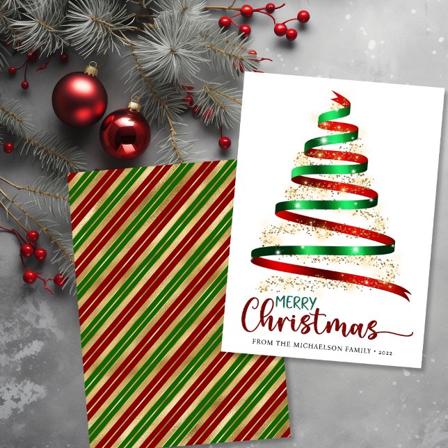 Frohe Weihnachtsfeiertage im Tree Gold Glitzer Hol Karte (Merry Christmas Ribbon Tree Gold Glitter Holiday Card)