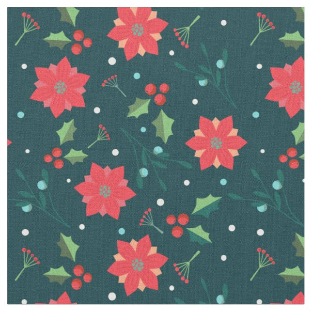 Frohe Weihnachtsfeiertage Poinsettia Holly Pattern Stoff (Nahaufnahme)
