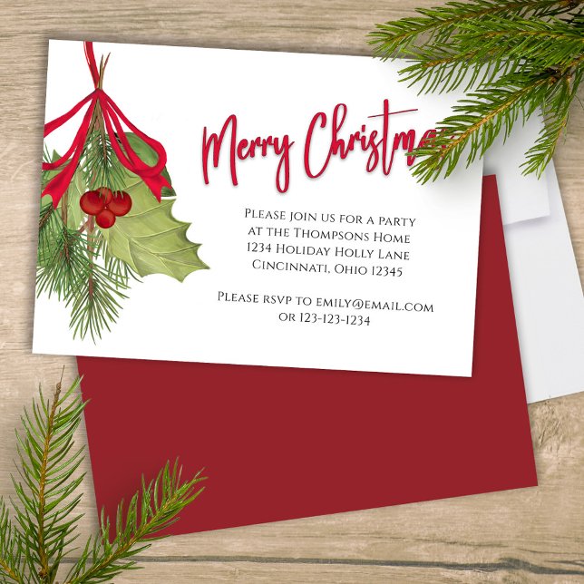 Frohe Weihnachtsfeiertage Red Calligraphy Script Einladung (Merry Christmas holiday holly berries and greenery party invitation. )