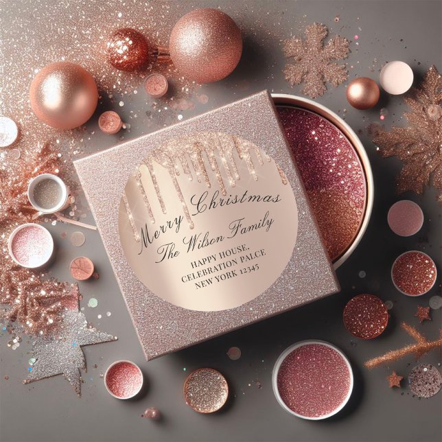Frohe Weihnachtsfeiertage UAWG Rose Gold Tropfen Runder Aufkleber (Merry Christmas Holidays RSVP Rose Gold Drips Classic Round Sticker)