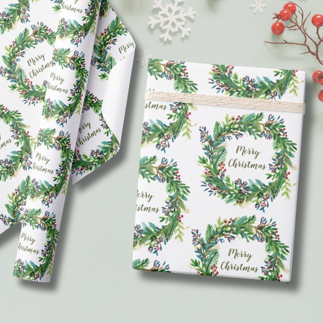 Frohe Weihnachtsfeiertage Wreath Geschenkpapier (Christmas Holiday Wreath Wrapping Paper with Merry Christmas text. greenery botanical eucalyptus)