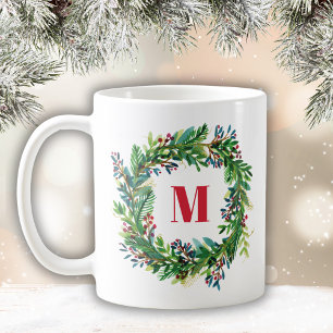 Frohe Weihnachtsfeiertage Wreath Monogram Initial Kaffeetasse