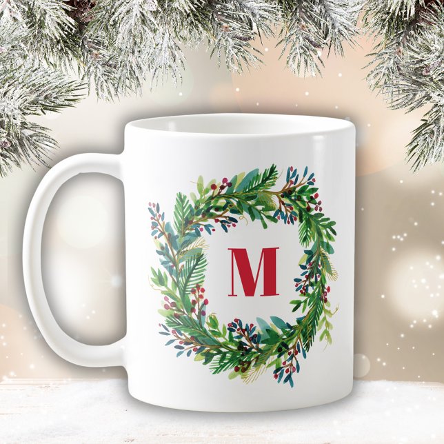 Frohe Weihnachtsfeiertage Wreath Monogram Initial Kaffeetasse (Watercolor Christmas Wreath with monogram/initial. Perfect for Holiday season this winter)