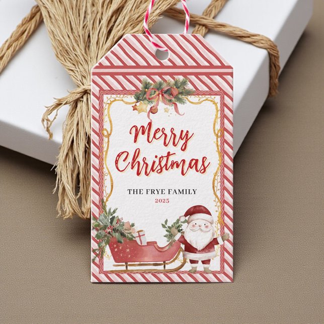 Frohe Weihnachtsferien Weihnachtsmann Schlitten Zu Geschenkanhänger (Watercolor Santa and gold sleigh festive Christmas tag)