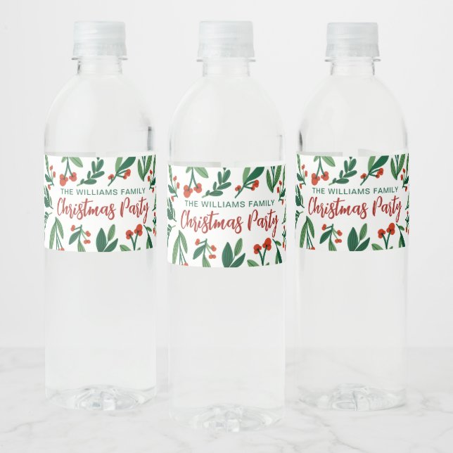 Frohe Weihnachtsfest Holly Berry Personalisiert Wasserflaschenetikett (Flaschen)