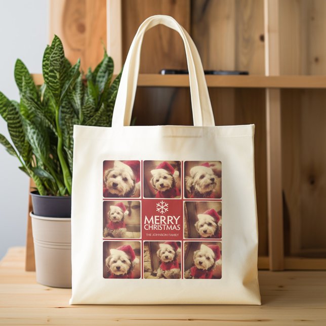 Frohe Weihnachtsfoto Collage Red White Tragetasche (Personalized tote bag with photos and custom text)