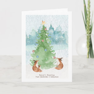 Frohe Weihnachtsfoxfamilie mit Baumwasserfarbe Karte