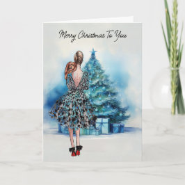 Frohe Weihnachtsfrau und blauer Weihnachtsbaum Karte