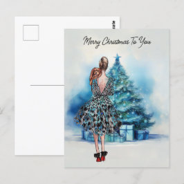 Frohe Weihnachtsfrau und blauer Weihnachtsbaum Postkarte