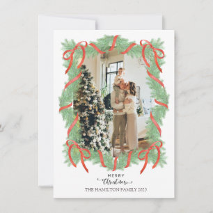 Frohe Weihnachtsgarland Rahmen Bow Foto Feiertagskarte