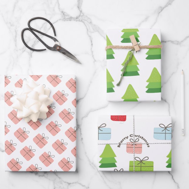 Frohe Weihnachtsgeschenke Baummuster Geschenkpapier Set (Vorderseite)