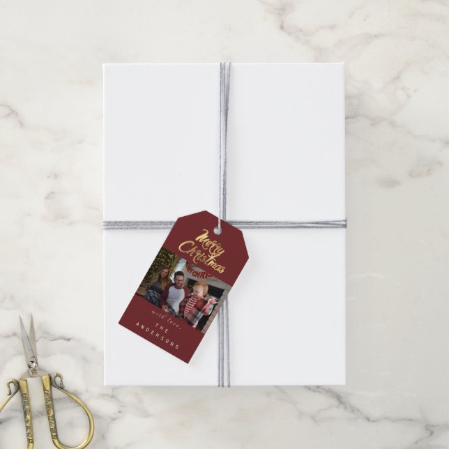 Frohe Weihnachtsgeschenke Foto Maroon Gold Schneef Geschenkanhänger (Mit Garn)