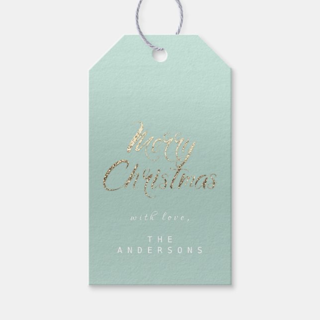 Frohe Weihnachtsgeschenke für Script Gold Aqua Geschenkanhänger (Vorderseite)
