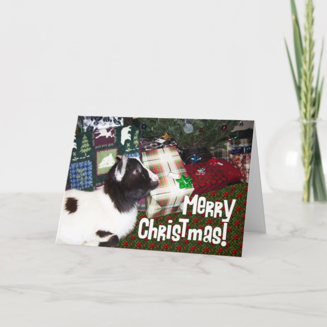 Frohe Weihnachtsgeschenke mit Goat Rufus Feiertagskarte (Vorderseite)
