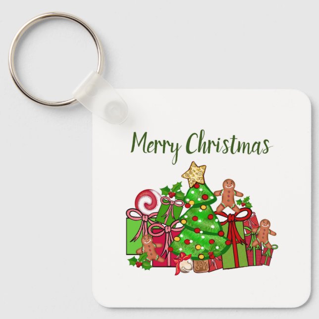Frohe Weihnachtsgeschenke rund um den Baum Schlüsselanhänger (Vorderseite)