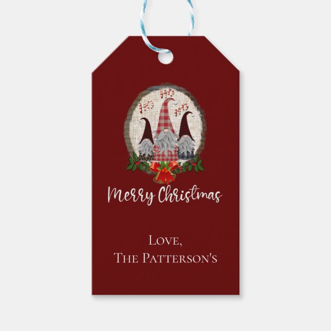 Frohe Weihnachtsgnomen Rot, Rustikal, Kariert, Tre Geschenkanhänger (Vorderseite)