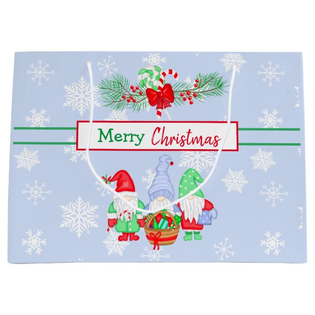 Frohe Weihnachtsgnomen Snowflakes Blue Background Große Geschenktüte (Vorderseite)