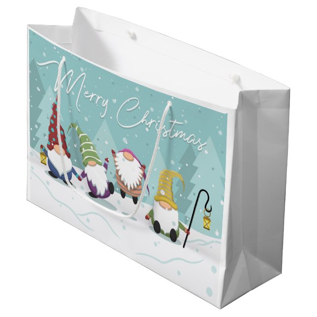 Frohe Weihnachtsgnomes Große Geschenktüte (Vorderseite Schrägansicht)