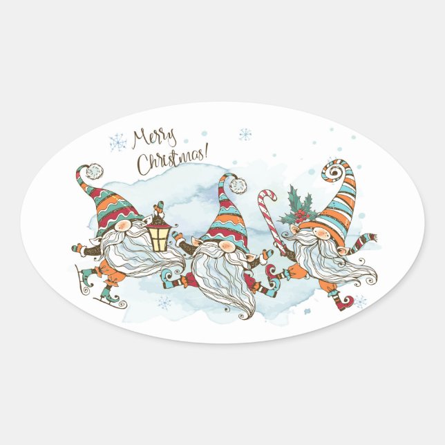 Frohe Weihnachtsgnomes Oval Sticker (Vorderseite)