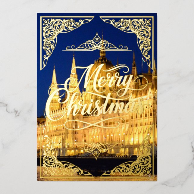 Frohe Weihnachtsgold, Budapester Gebäude Folien Feiertagskarte (Vorderseite)