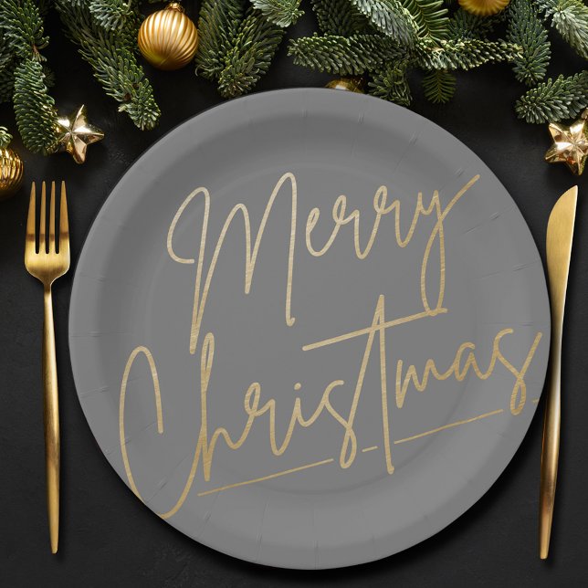 Frohe Weihnachtsgolden auf Grau Pappteller (Merry Christmas Gold on Gray Paper Plates)
