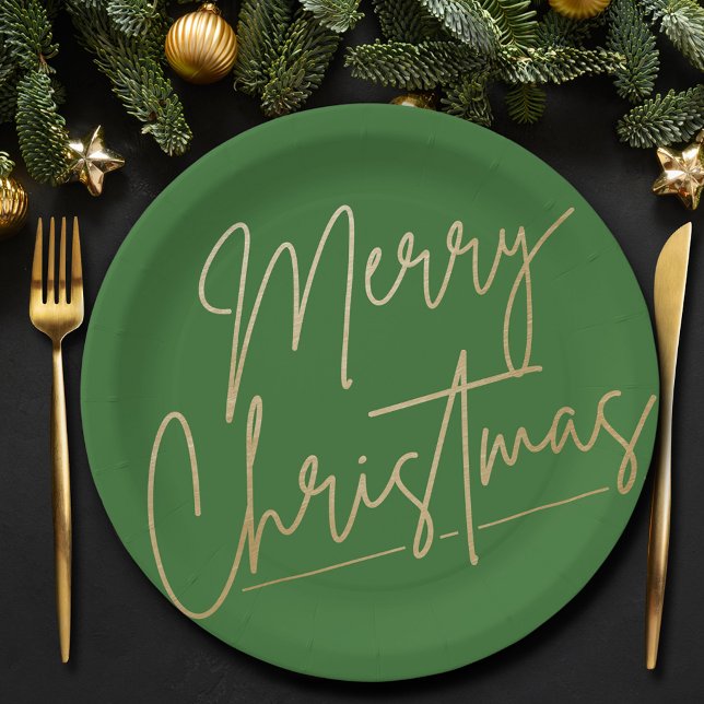 Frohe Weihnachtsgolden auf Grün Pappteller (Gold Merry Christmas on Green  Paper Plates)