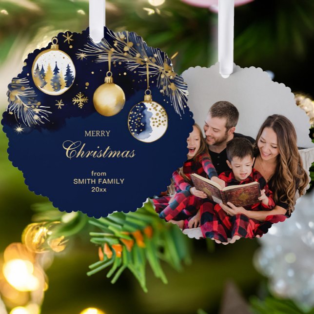 Frohe Weihnachtsgoldnacht blaue Baubles Foto Ornament Karte (Merry Christmas gold navy blue baubles template photo Ornament Card unique Christmas cards)