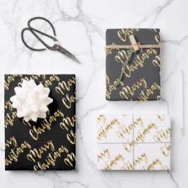 Frohe Weihnachtsgoldskript schwarz grau weiß Geschenkpapier Set