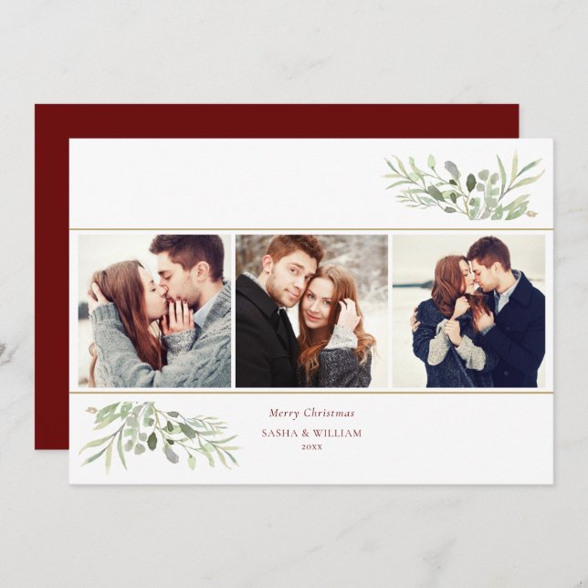 Frohe Weihnachtsgrün 3 Foto Collage Feiertagskarte (Vorne/Hinten)
