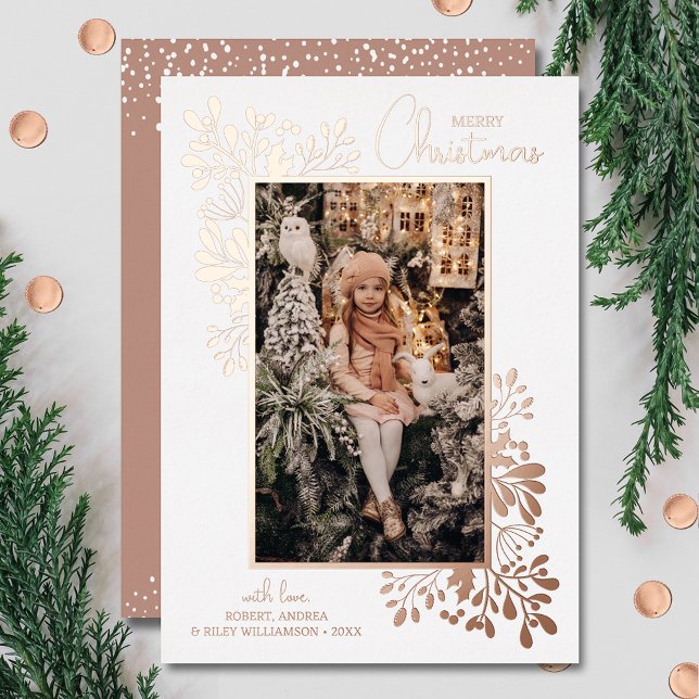 Frohe Weihnachtsgrün Rose Gold Folien Feiertagskarte (Your photo on holiday photo greeting cards all done in real rose gold foil)