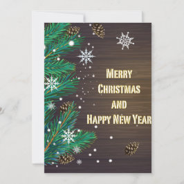 Frohe Weihnachtsgrüße auf einem hölzernen Hintergr Feiertagskarte